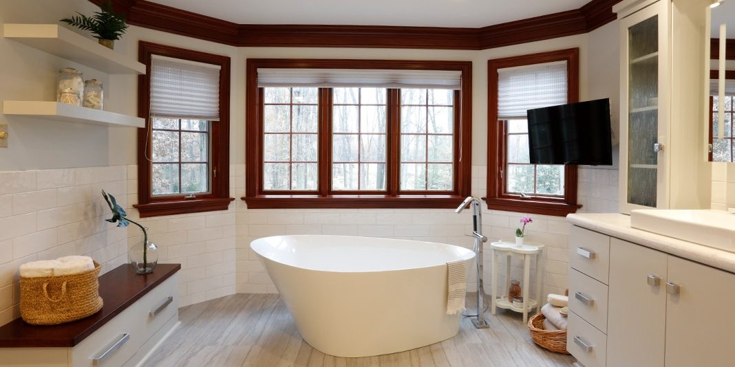 Spa-Like-Bathroom-Renovation freestanding tub with tile flooring