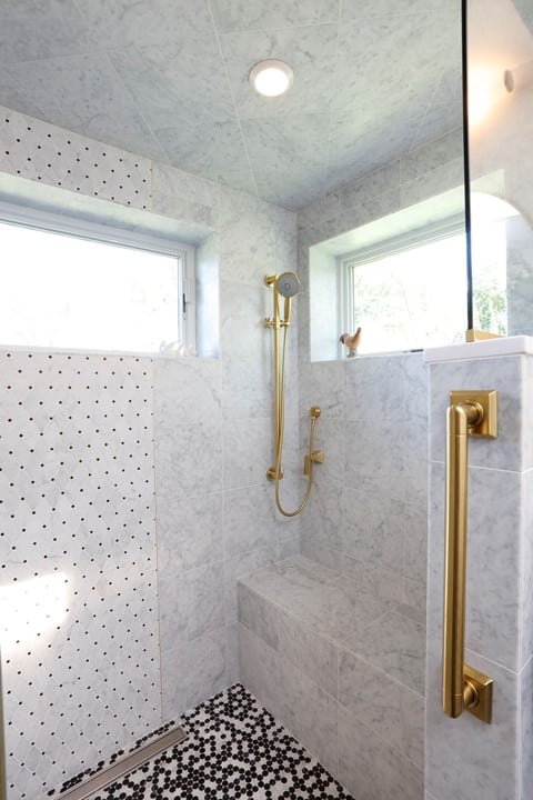 beautiful white marble custom tile shower