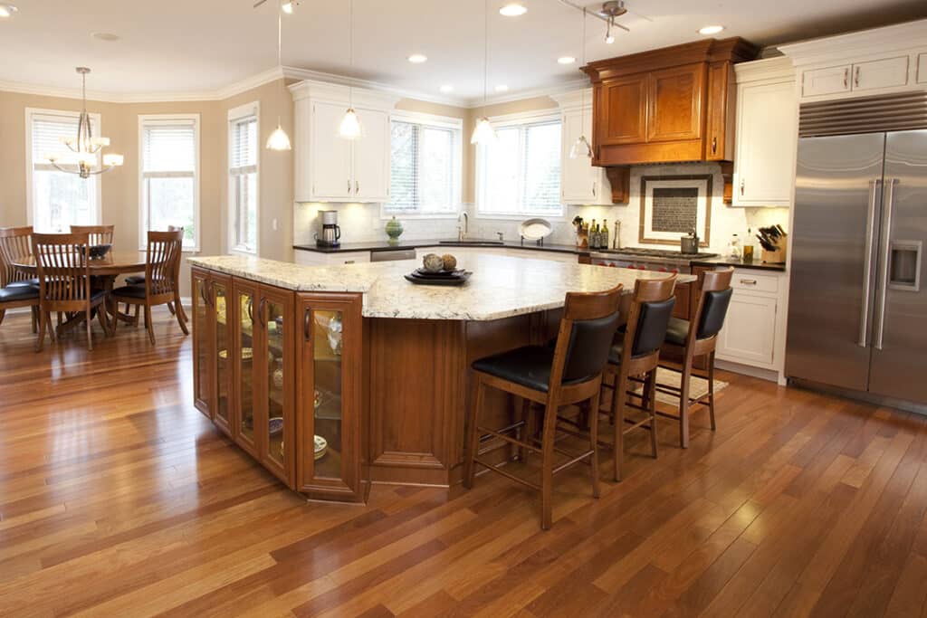 hardwood floor in kitchen with island